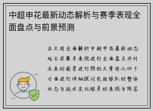 中超申花最新动态解析与赛季表现全面盘点与前景预测